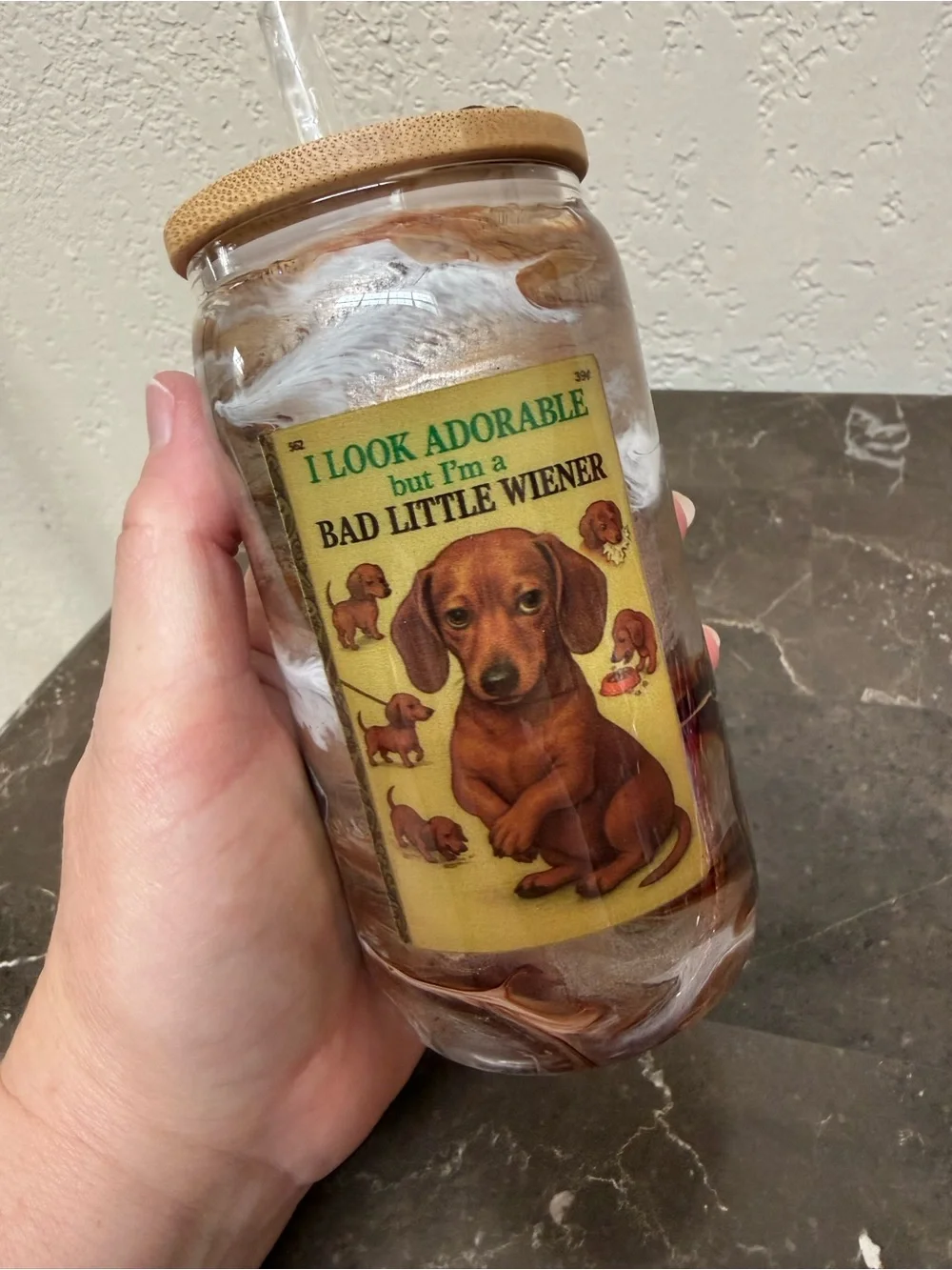 Bad Little Weenie Dachshund 12 oz Wine Glass Tumbler Cup with Lid Handmade
